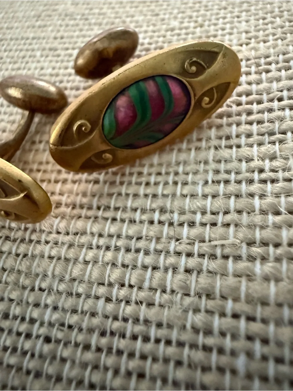 Vintage Oval Gold-Tone Cufflinks with Pink & Green Inset